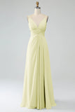 A-Line Desert Rose Spaghetti Straps Pleated Chiffon Long Bridesmaid Dress