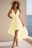 Black Chiffon A Line Ruffled V Neck High-Low Graduation Dress