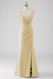 Burgundy Ruffled Sheath Lace-Up Back Long Bridesmaid Dress with Slit