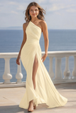 Ivory One Shoulder Pleated Maxi Boho Formal Dress with Slit