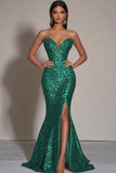 Sparkly Gold Sequins Sweetheart Mermaid Long Formal Dress with Slit