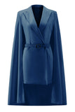 White Satin Bodycon Peak Lapel Mini Work Dress with Cape