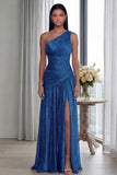 Glitter Pleated A Line Golden Long One Shoulder Formal Dress with Slit