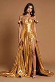 Golden Metallic Ruffled A Line Long Formal Dress with Slit