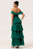 Eucalyptus A Line Off the Shoulder Tiered  Pleated Long Bridesmaid Dress with Slit