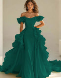 Yellow Off The Shoulder Mermaid Ruffles Satin Long Formal Dress