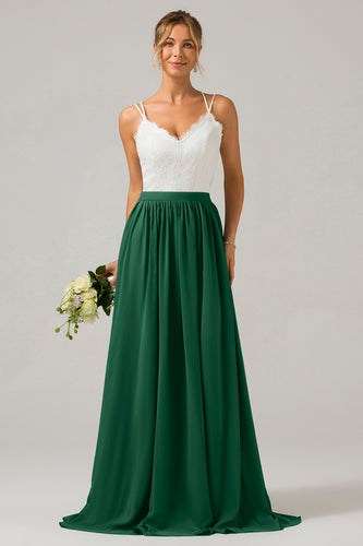 Dark Green Spaghetti Straps Boho Chiffon Long Bridesmaid Dress with Lace