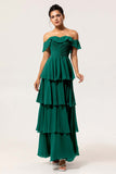 Eucalyptus A Line Off the Shoulder Tiered  Pleated Long Bridesmaid Dress with Slit
