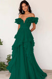 Black Chiffon Ruffled Off the Shoulder A Line Pleated Long Formal Dress