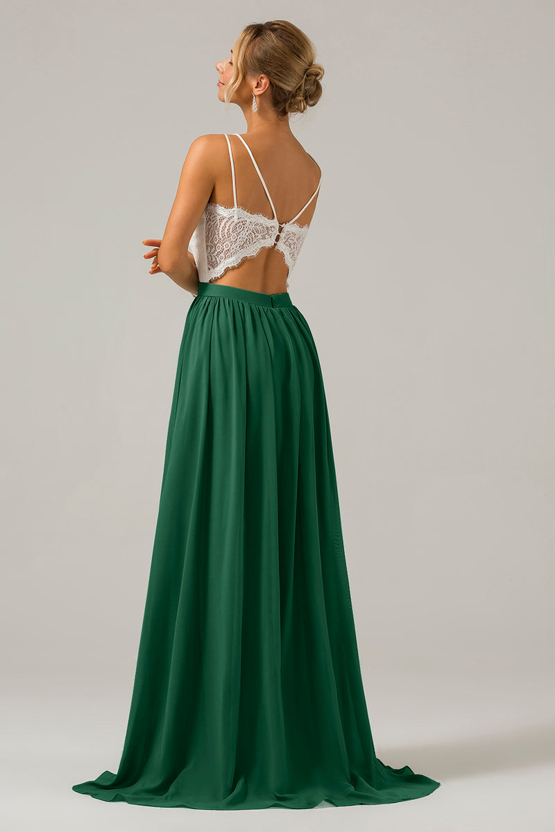 Load image into Gallery viewer, Dark Green Spaghetti Straps Boho Chiffon Long Bridesmaid Dress with Lace