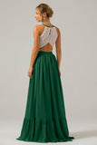 Champagne Keyhole Boho Chiffon Long Bridesmaid Dress with Lace