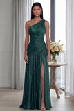 Glitter Pleated A Line Golden Long One Shoulder Formal Dress with Slit