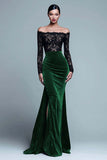 Off The Shoulder Mermaid Lace Velvet Black Formal Dress With Slit