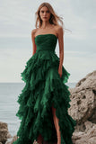 Fuchsia Organza Strapless Long Ball Gown Formal Dress with Ruffles