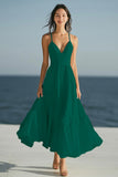 Dark Green Spaghetti Straps A Line Satin Maxi Boho Formal Dress
