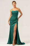 Dark Green Mermaid Spaghetti Straps Corset Satin Bridesmaid Dress with Slit