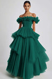 Black Tulle Off The Shoulder Ball Gown Long Formal Dress with Ruffles