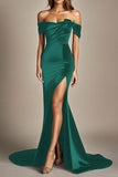 Red Mermaid Off the Shoulder Satin Formal Dress with Slit