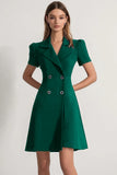 Navy Peak Lapel Double Breasted Satin Short Sleeves Work Dress