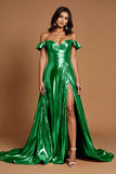 Golden Metallic Ruffled A Line Long Formal Dress with Slit