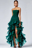 Black Strapless Tulle Tiered Ruffles Formal Dress