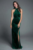 Halter Burgundy Velvet Sheath Ruched Formal Dress with Slit