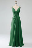 A-Line Desert Rose Spaghetti Straps Pleated Chiffon Long Bridesmaid Dress