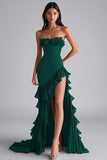 Black Mermaid Strapless Ruffled Formal Dress With Slit