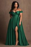 Plus Size Black Satin Off The Shoulder Long Formal Dress with Slit