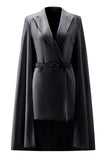 White Satin Bodycon Peak Lapel Mini Work Dress with Cape