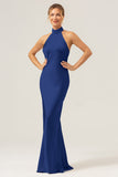 Dusty Blue Mermaid Halter Long Bridesmaid Dress with Slit