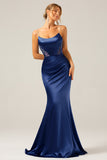 Mermaid Dusty Blue Satin Spaghetti Straps Long Formal Dress