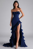 Black Mermaid Strapless Ruffled Formal Dress With Slit