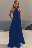 White Chiffon Sheath Halter Long Boho Formal Dress