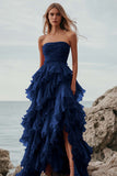 Fuchsia Organza Strapless Long Ball Gown Formal Dress with Ruffles