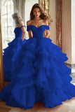 Black Princess Off The Shoulder Tiered Ruffled Long Prom Dress