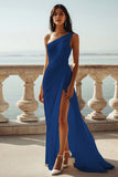 Chiffon Dark Navy One Shoulder Maxi Sheath Boho Formal Dress with Slit