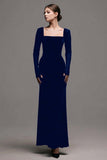 Black Velvet Square Neck Sheath Long Formal Dress with Sleeves
