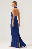 Dusty Blue Mermaid Halter Long Bridesmaid Dress with Slit