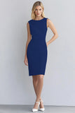 Black Satin Bodycon Round Neck Ruched Midi Work Dress
