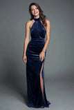 Halter Burgundy Velvet Sheath Ruched Formal Dress with Slit