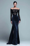 Off The Shoulder Mermaid Lace Velvet Black Formal Dress With Slit
