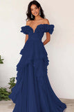Black Chiffon Ruffled Off the Shoulder A Line Pleated Long Formal Dress