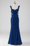Burgundy Ruffled Sheath Lace-Up Back Long Bridesmaid Dress with Slit