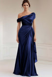Grey Blue Mermaid One Shoulder Ruched Satin Long Mother of the Bride Dress with Ruffles