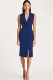 Sky Blue Shawl Lapel Satin Midi Work Dress with Slit