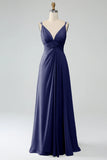 A-Line Desert Rose Spaghetti Straps Pleated Chiffon Long Bridesmaid Dress