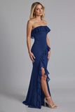 Burgundy Ruffled Chiffon Strapless Long Formal Dress with Slit
