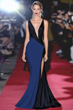 Sheath Black&White Deep V Neck Long Formal Dress