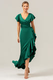 Olive A Line V Neck Satin Asymmetrical Bridesmaid Dress with Ruffle Slit